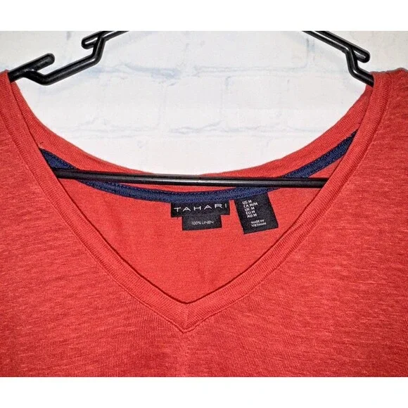 Tahari Coral Orange  V-Neck 100% Linen Oversized Short Sleeve Top Womans Medium - Picture 3 of 6